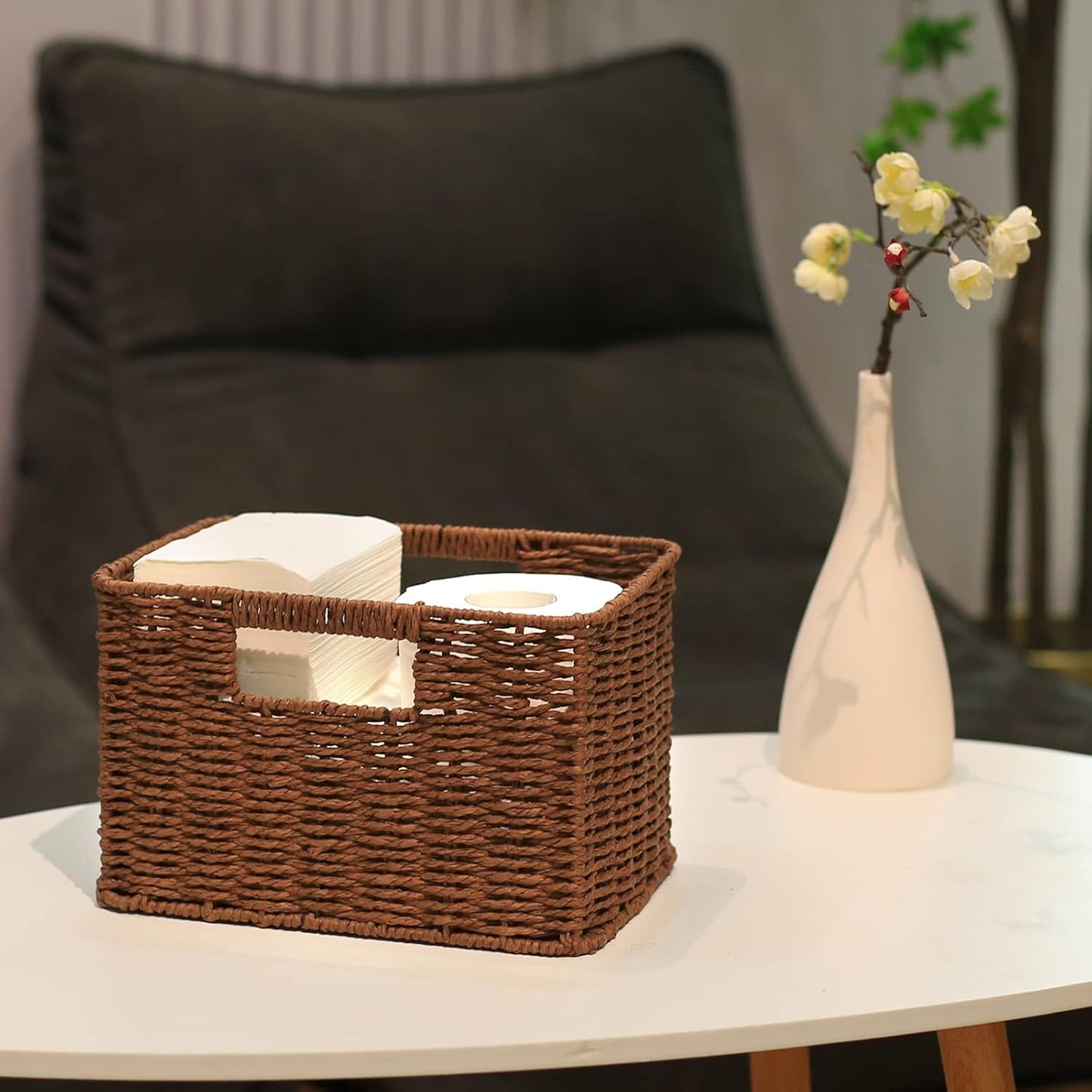 HOONEX Large Woven Baskets for Storage, Paper Rope Baskets with Sturdy Metal Wire Frame, Baskets for Shelves, Set of 3, Dark Brown