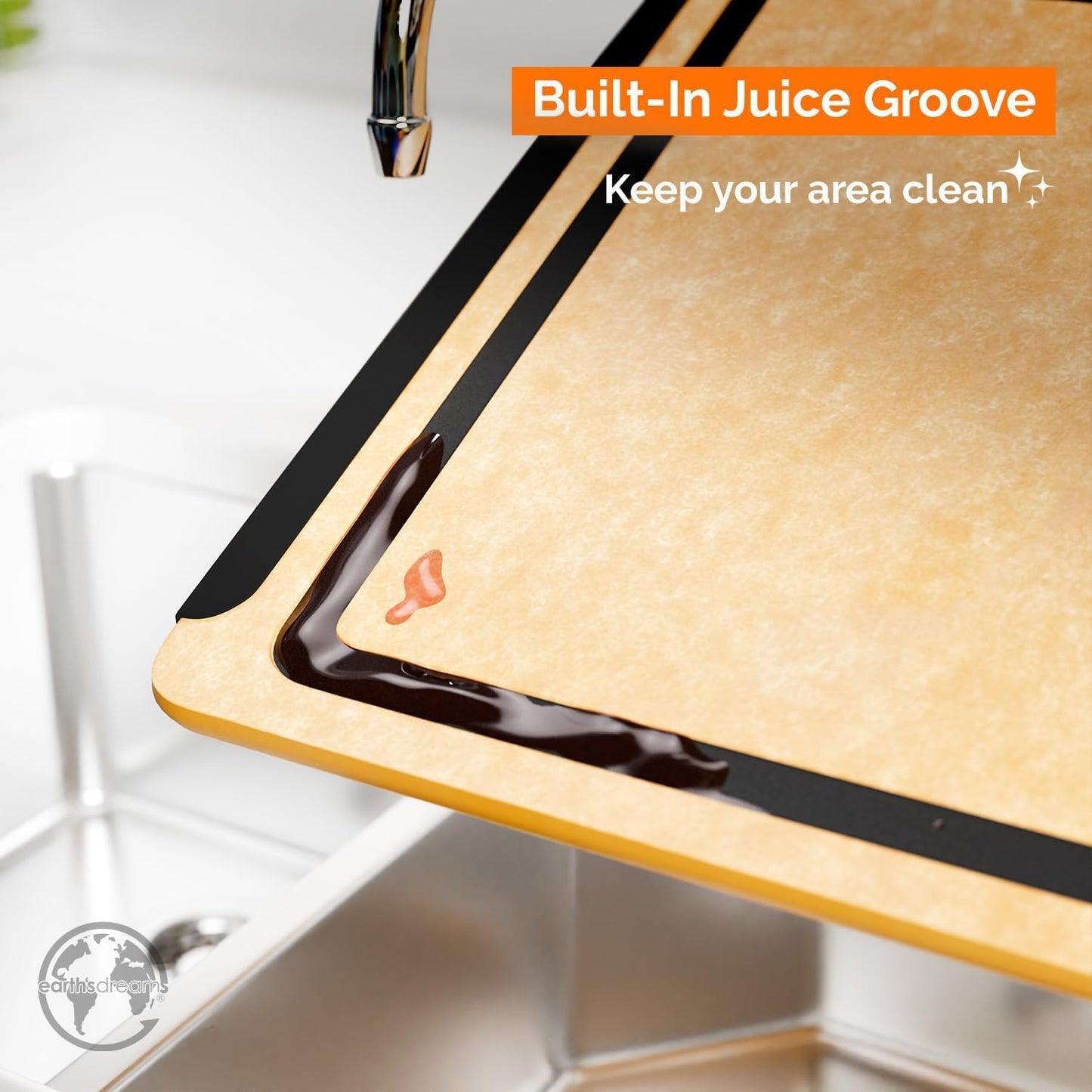 Earth’s Dreams Wood Cutting Board 17x12 Extra Large - Charcuterie Board, Non-Plastic, Non-Toxic, Heavy-Duty, Dishwasher Safe (Tan/Blacks)