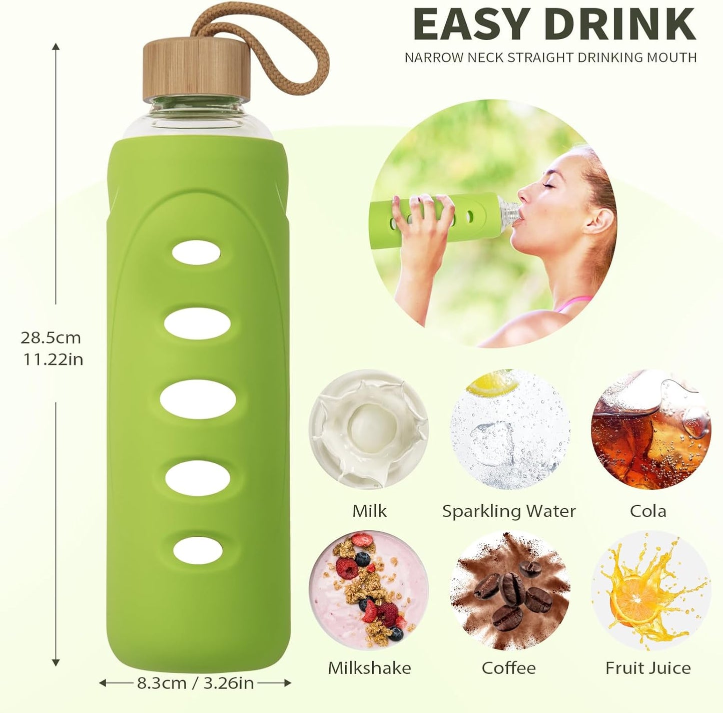 Sport 32oz Glass Water Bottle 1000ml /1 liter Borosilicate Glass Water Bottle Reusable Waterbottle Jugwith Silicone Sleeve and Unique Lid (Green
