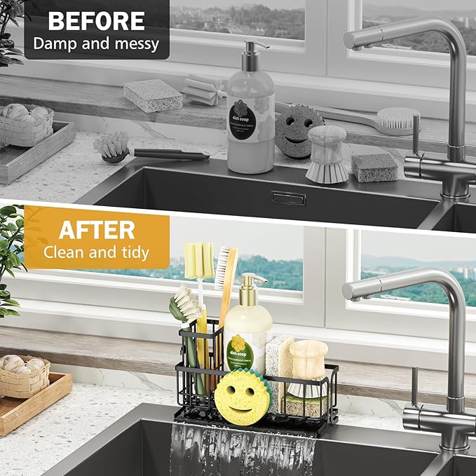 Epicano Sink Caddy Sponge Holder, Smiley Face Sponge Rack with High Brush Holder,Rustproof Kitchen Countertop Organizer,Kitchen Gadgets Sink Accessories, 9.8" x 6.3" x 4.1", Black