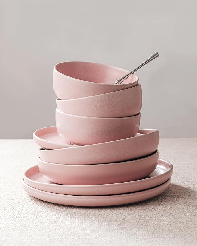 Famiware Milkyway Plates and Bowls Sets, 12 Pieces Dinnerware Sets, Reactive Glaze Dish Set, Stoneware Dishes Set for 4, Light Pink