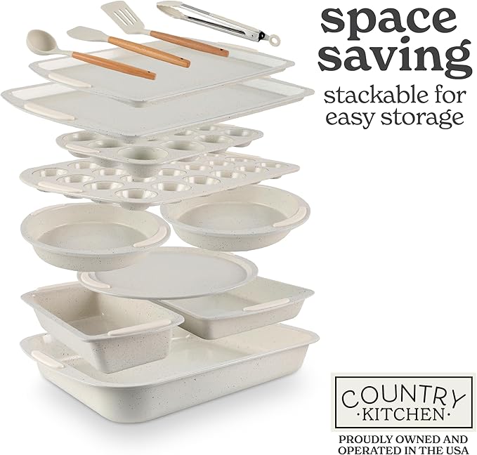 Country Kitchen Nonstick Stackable Bakeware Set - Durable, Easy Release Baking Set, Cream, 14 Pcs