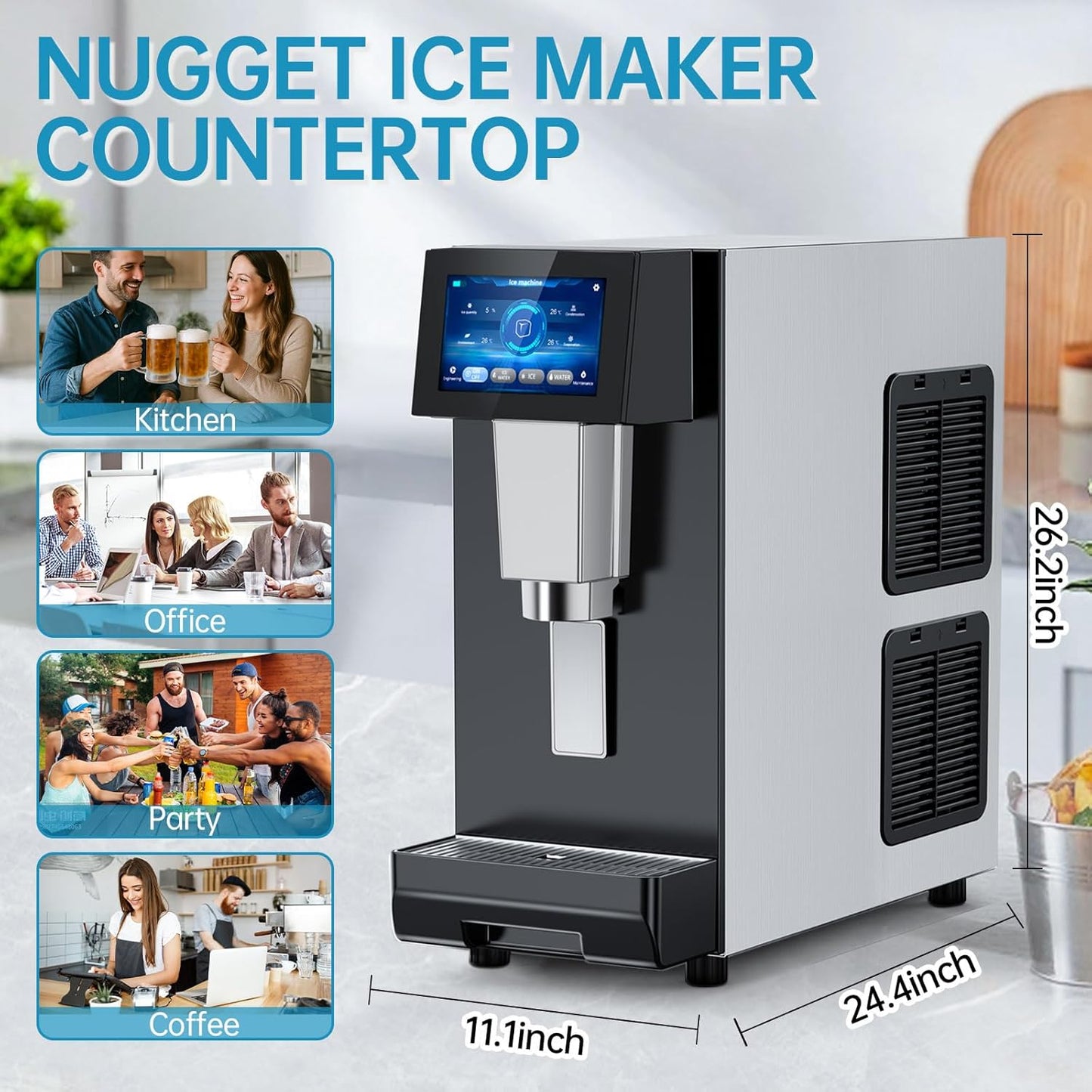 Commercial Nugget Ice Maker Machine, 100Lbs/24H Pellet Chewable Ice, 3-IN-1 Nugget Ice Maker with Ice & Water Dispenser, Self-Cleaning Countertop Stainless Steel Ice Machine for Business, Office,Party