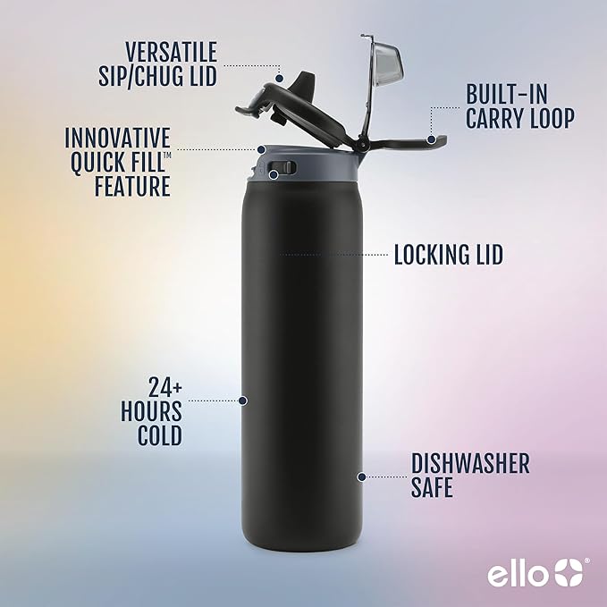 Ello Pop & Fill Stainless Steel Water Bottle with Quick Fill Technology, Double Walled Vacuum Insulated Metal, Leak Proof Locking Lid, Sip & Chug, BPA Free, Holiday Gift for Him Her, 22oz, 32oz, 40oz