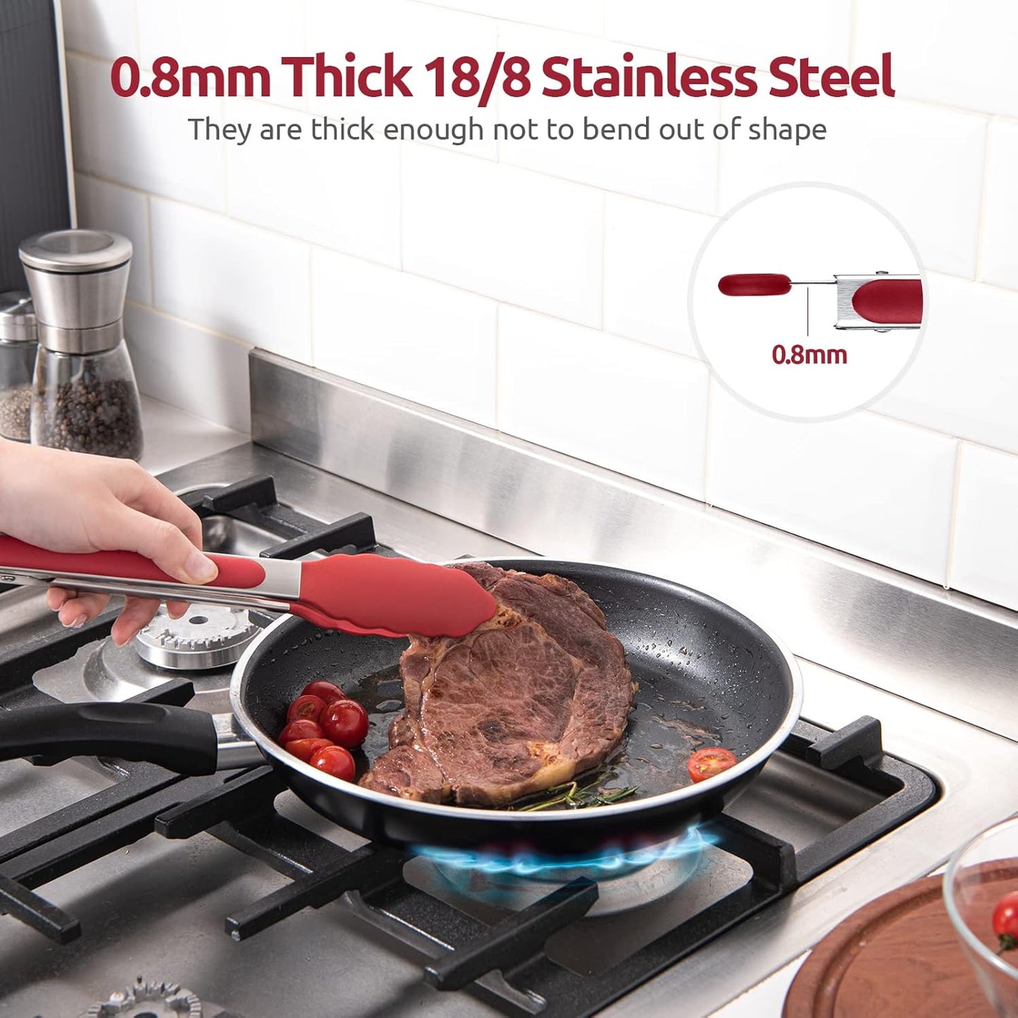 600ºF Heat Resistant Kitchen Tongs: U-Taste 9 inch Silicone Cooking Tong with Firm Sealed Non Stick Rubber Tips & Silicon Coated 18/8 Stainless Steel Handle & Smooth Locking for Serving Salad (Red)