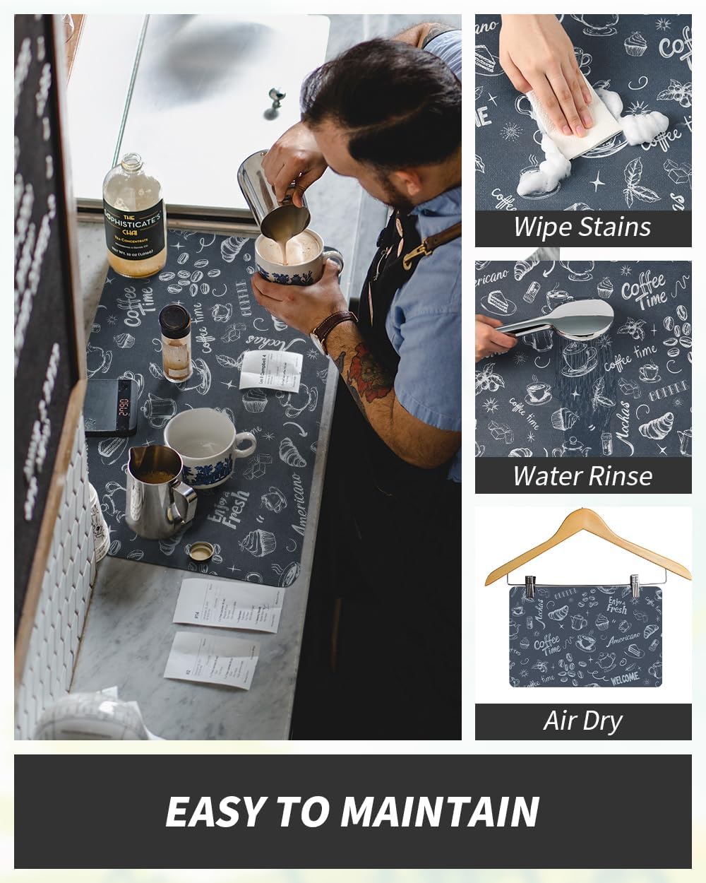 AMOAMI Coffee Mat Hide Stain Rubber Backed Absorbent Dish Drying Mat for Kitchen Counter - Fits Under Coffee Maker & Espresso Machine (12x19,DUST BLUE)