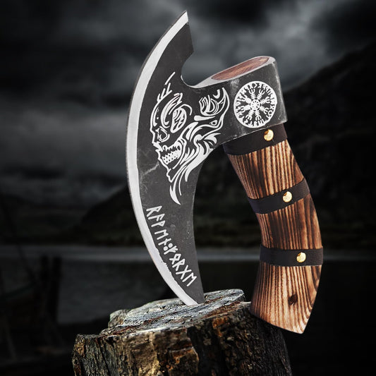 Edgelandknives® Multipurpose Viking Pizza Axe with Sheath, Viking Butcher Axe, Viking Pizza Cutter Axe - Burned Wood Handle & Heavy Duty Viking Skull Head - Perfect for Cutting Pizza, Meat, Vegetables