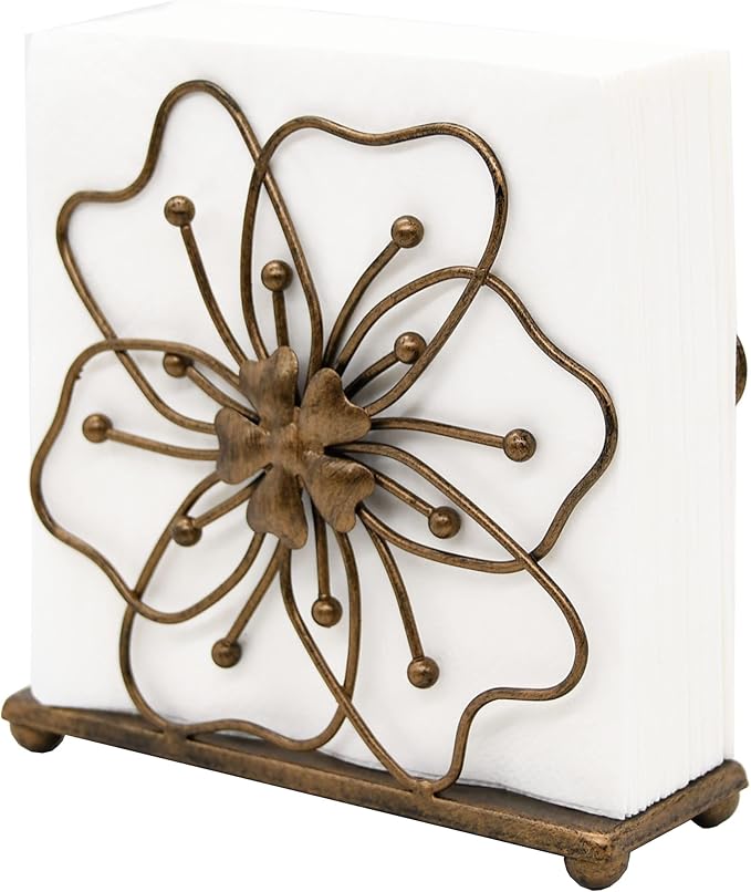OwlGift Flower Style Napkin Holder, Freestanding Tissue Dispenser, Dining Table Napkin Storage for Home Kitchen Restaurant Picnic Party Wedding Housewarming – Bronze