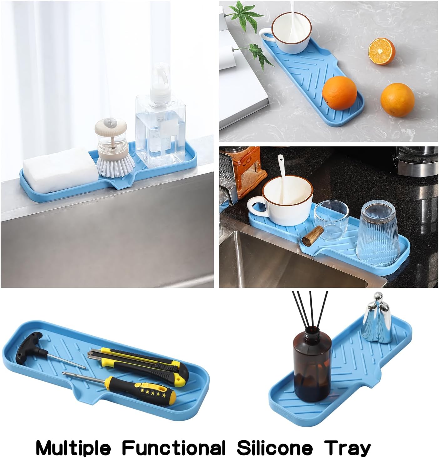 Silicone Bathroom Soap Dishes with Drain Spout-Bathroom and Kitchen Sink Organizer,Sponge Holder,Dish Soap Tray,Perfect for Dispenser,Scrubber,Bottle on Sink or Counter-Light Blue 12"×4"