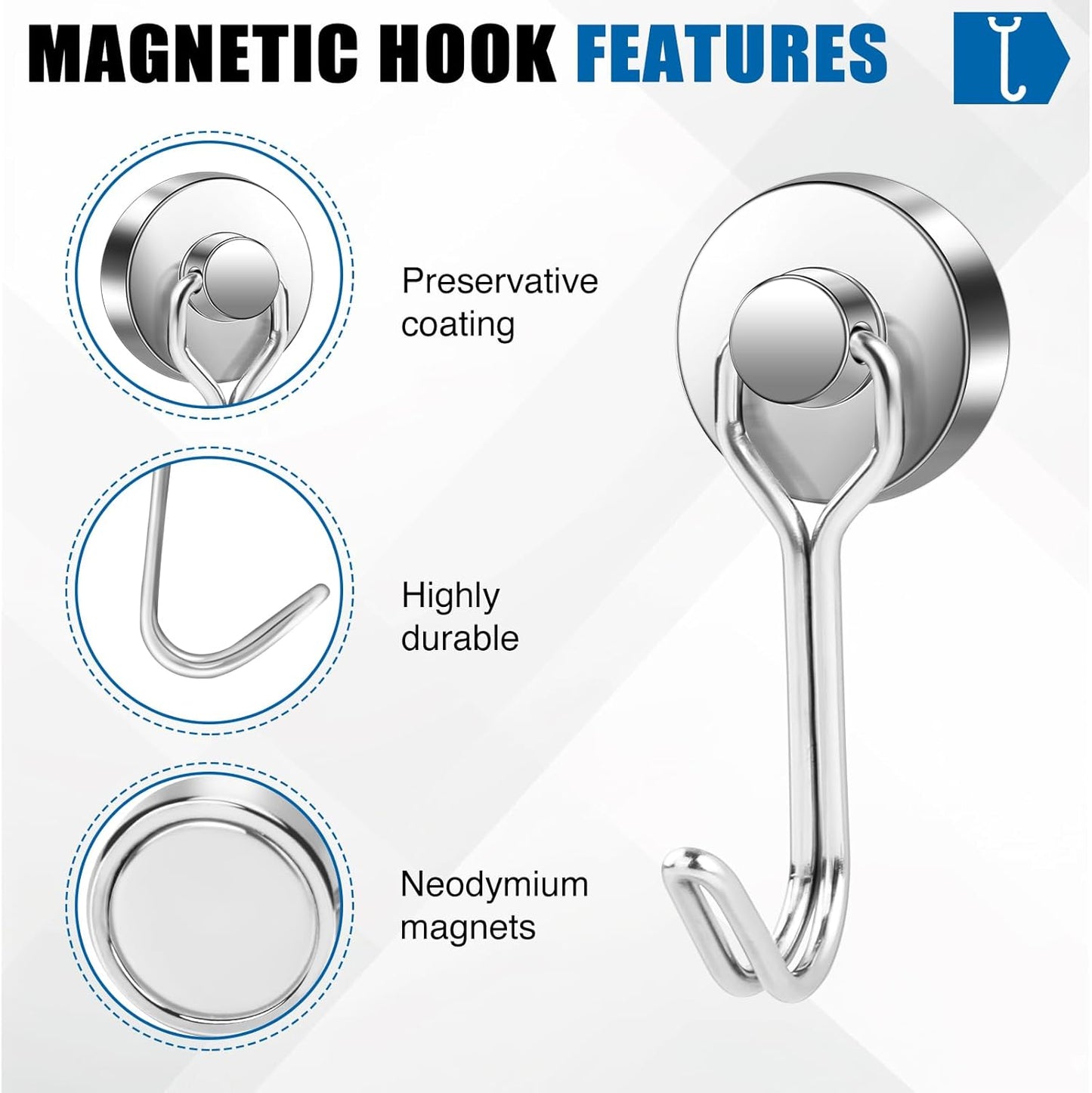 LOVIMAG Hooks, 40lbs+ Magnetic Magnet Hook 2025 Cruise Cabin Ship Essentials Heavy Duty Strong Refrigerator Fridge Hanging for Classroom Beach Vacation Kitchen Grills Home Mug Hanger (6 Pack), Silver