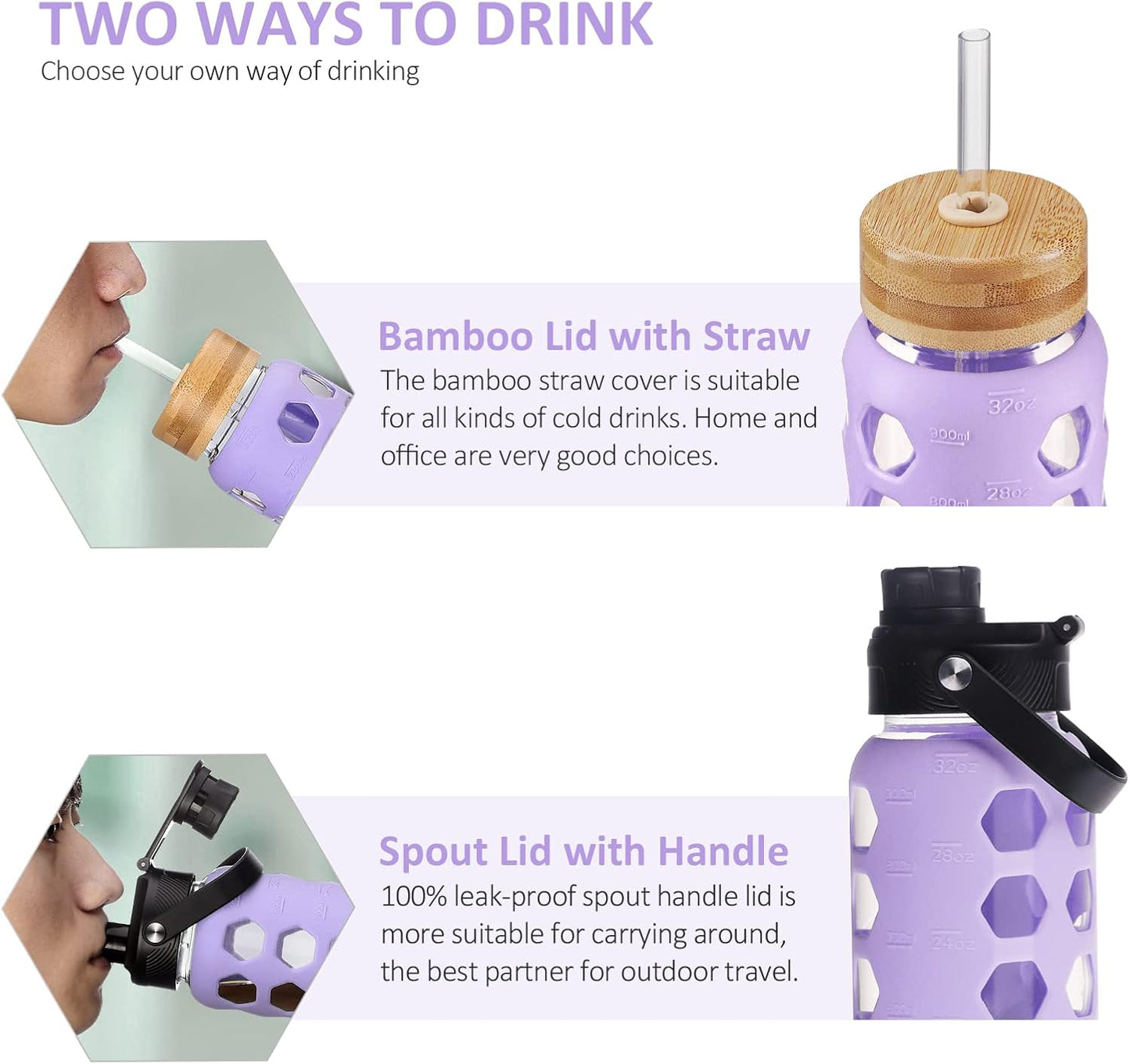 MUKOKO 32oz Glass Water Bottles with 2 Lids-Handle Spout Lid&Bamboo Straw Lid, Motivational Water Tumbler with Time Marker Reminder and Silicone Sleeve, Leakproof-Purple-1 Pack