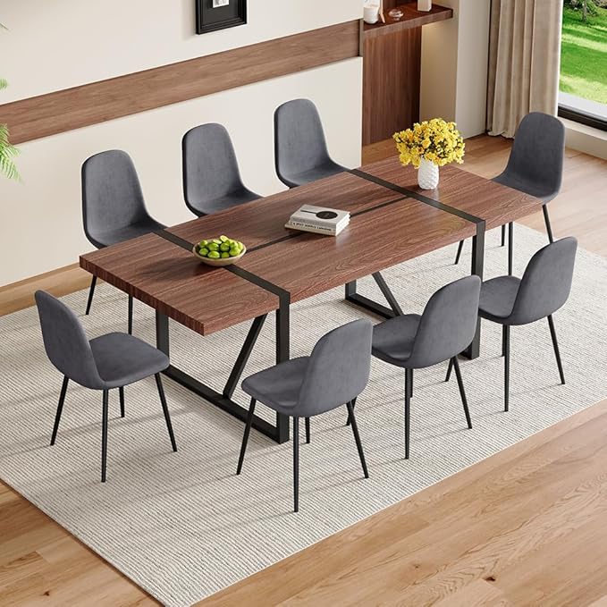 86.6" Dining Table Set for 8, Modern 9 Piece Wood Kitchen Table and Chairs Set, Rectangle Dining Room Table with 8 Linen Fabric Upholstered Chairs, Ideal for Home, Kitchen, or Apartment Dining