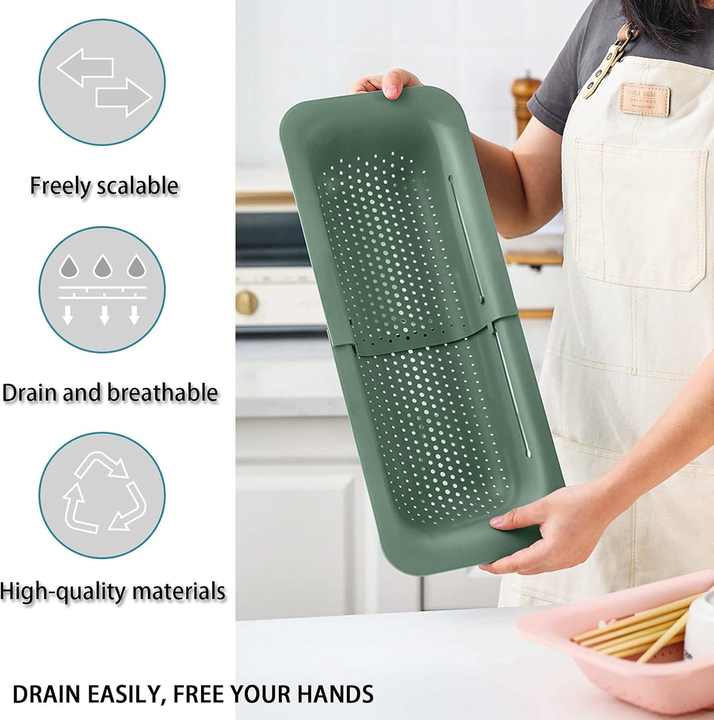 Collapsible Sink Colanders and Strainers Basket Extendable Plastic Fruit Vegetable Strainer Drainer Basket for Kitchen (Length 13.6 inch-18.7 inch) (Apple Green)