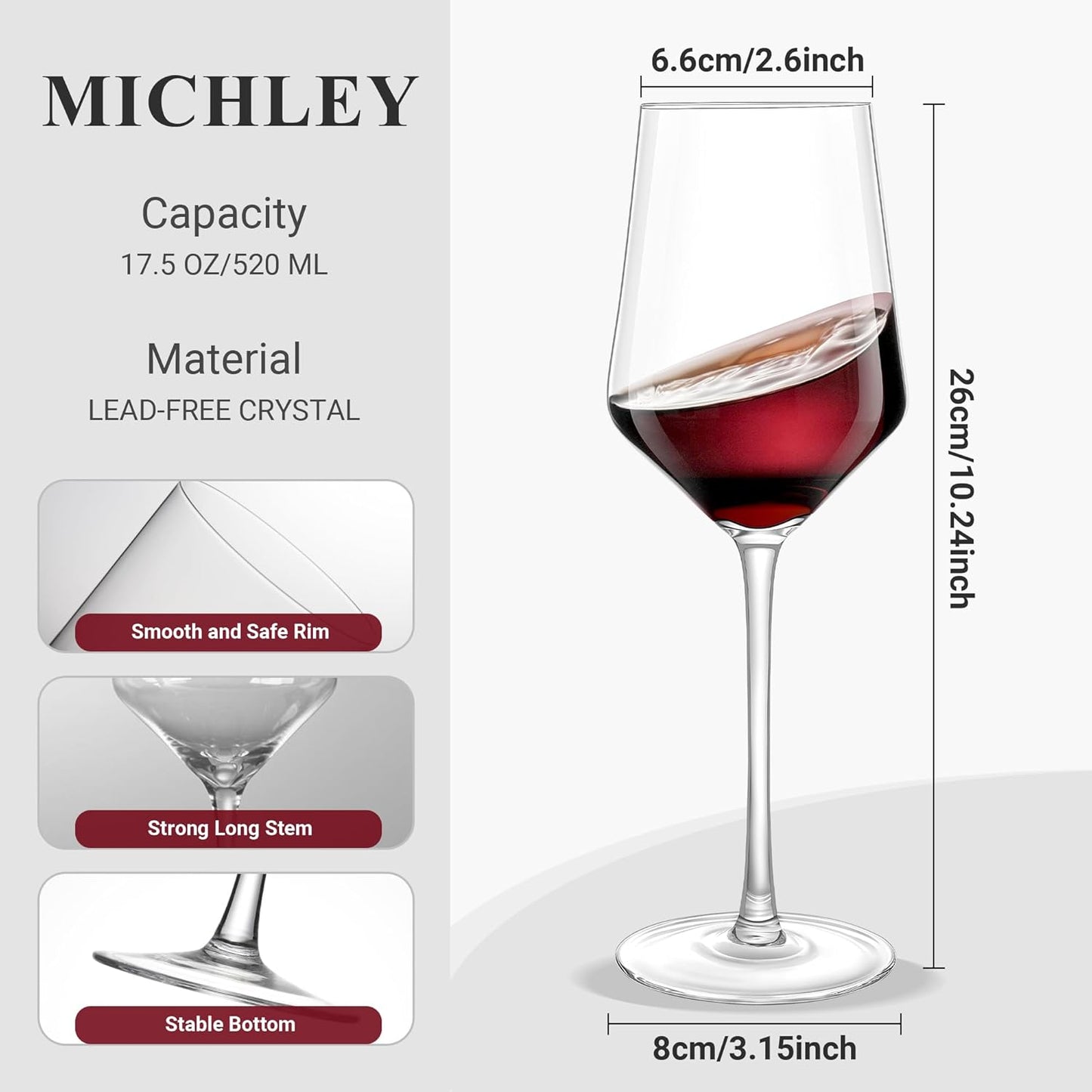 MICHLEY Long Stem Crystal Wine Glasses Set of 2-17.6 oz Lead-Free Crystal Glassware for Red & White Wine,Elegant Drinking Cups for Weddings, Parties, Gifts