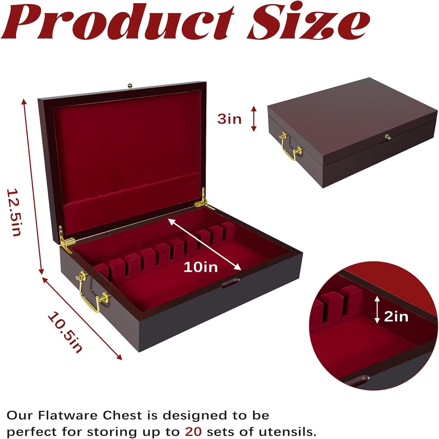 Silverware Storage Box Solid Wood with Lid, Silverware Organizer with Handle and Felt Lined, Silverware Storage Chest for Flatware and Utensils Home Decor Gift, Chest for Flatware Setting Up 15