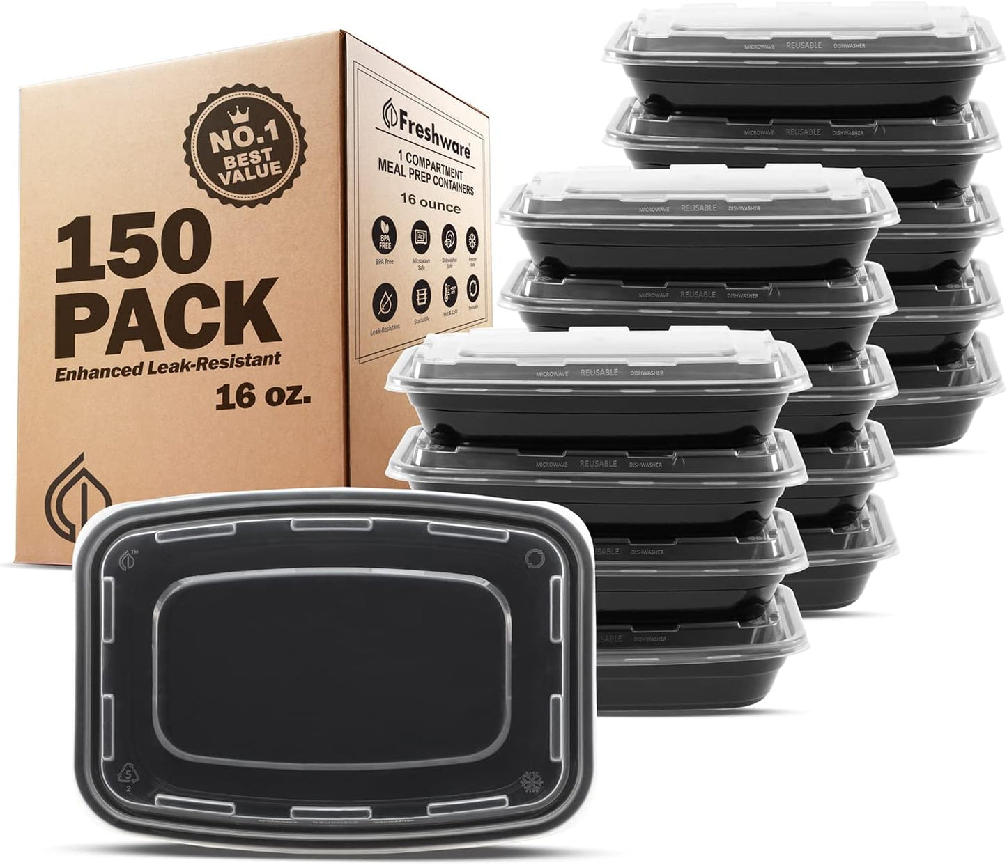 Freshware Meal Prep Containers [150 Pack] 1 Compartment with Lids, Food Storage Containers, Bento Box, BPA Free, Stackable, Microwave/Dishwasher/Freezer Safe (16 oz),Black