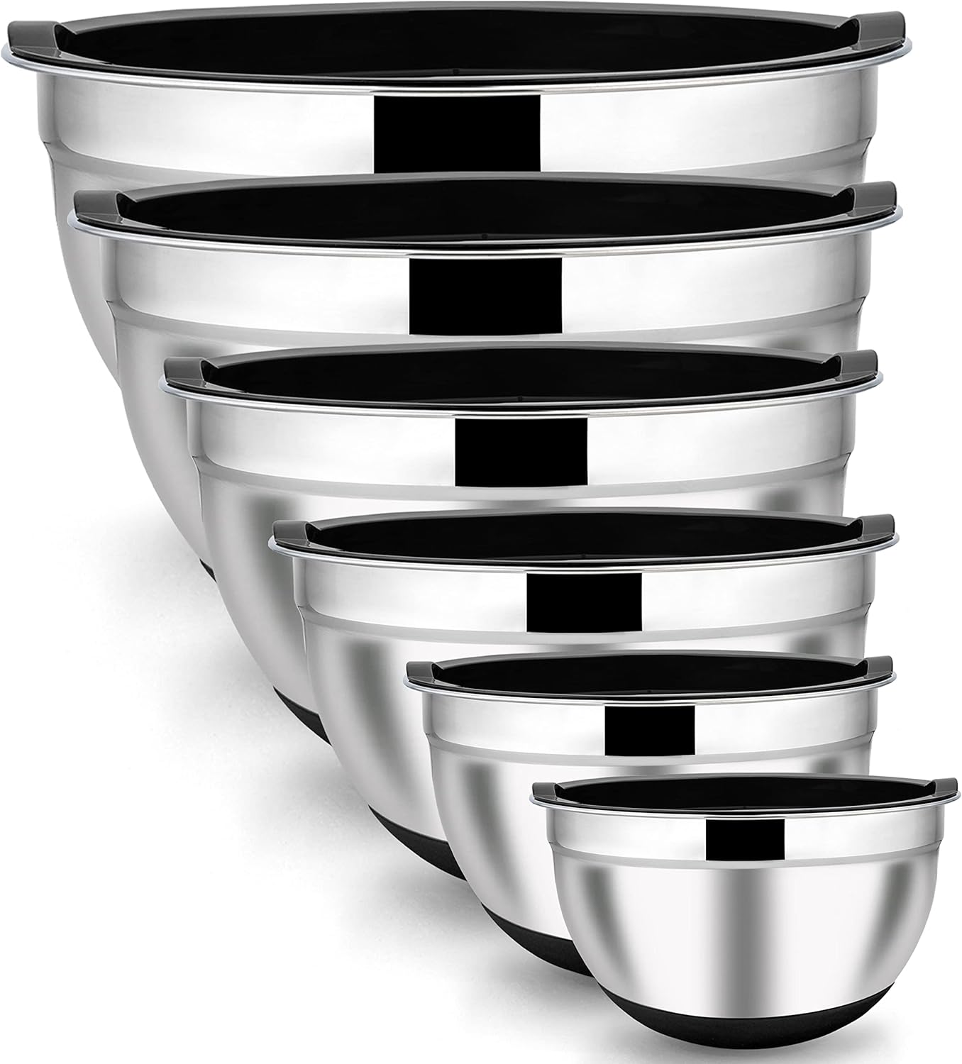 LIANYU Stainless Steel Nesting Mixing Bowls Set of 6 with Airtight Lids, Size 7, 3.5, 2.5, 2, 1.5, 1QT, Large Metal Bowls for Baking Cooking Food Storage, Non-slip Bottom, Black