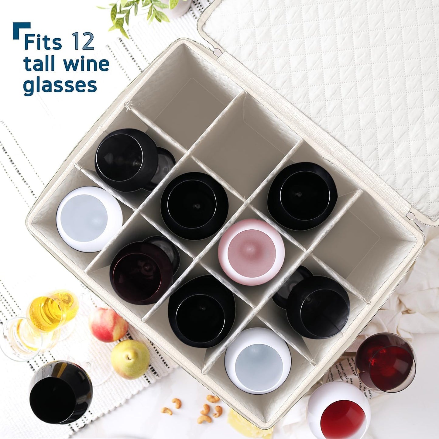 Wine Glass Storage Box with Dividers, 2 Pack Stackable Stemware Storage Cases, Service of 24 Glassware Storage Containers, Quilted China Storage Containers for Moving and Seasonal Storage, Cream