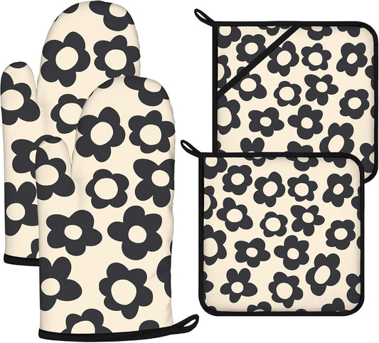 Daisy Flowers Oven Mitts and Pot Holders Sets 4Pcs,Extra Long Oven Gloves Potholder for Kitchen Cooking Baking BBQ 100% Cotton Heat Resistant