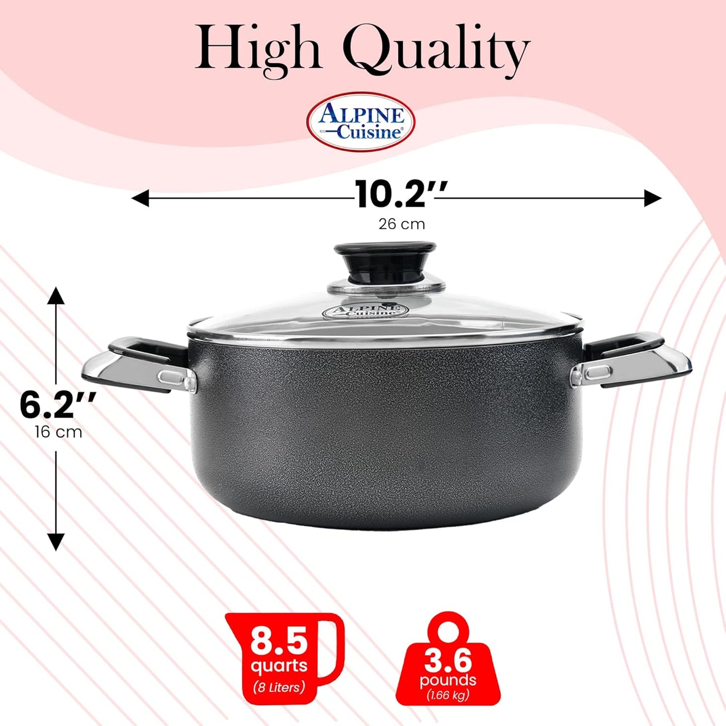 Alpine Cuisine 8.5 Quart Non-stick Stock Pot with Tempered Glass Lid and Carrying Handles, Multi-Purpose Cookware Aluminum Dutch Oven for Braising, Boiling, Stewing