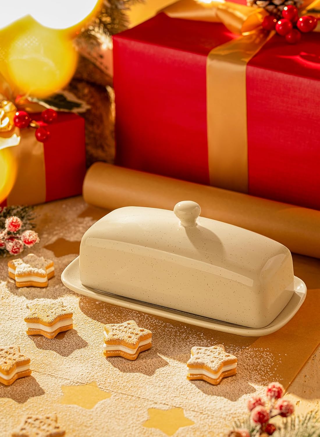 Sweese Butter Dish with Lid, Porcelain Butter Keeper, 7.8 Inch Butter Holder with Handle Cover, Butter Container Perfect for East West Coast Butter, Beige