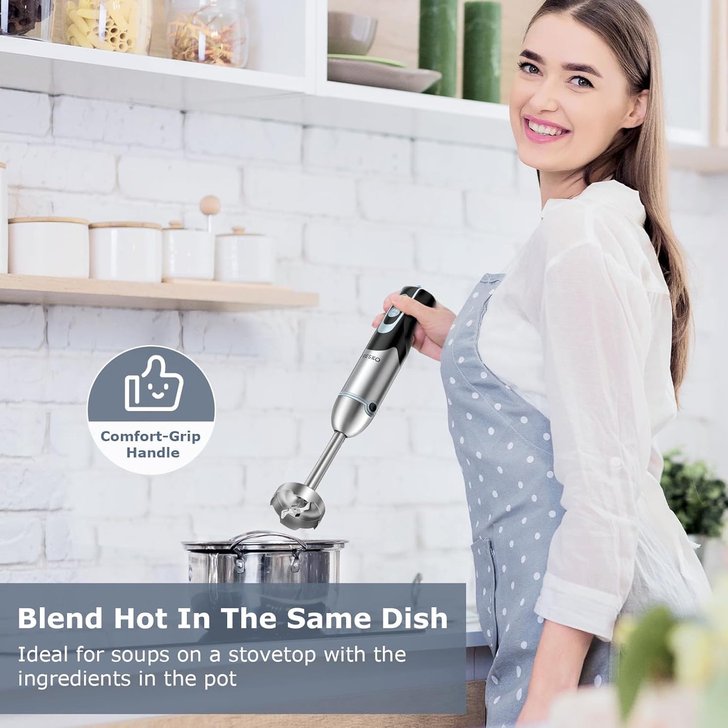 FRESKO Immersion Handheld Blender 500W with 700ml Beaker, 12-Speed & Turbo Mode Hand Blender Stick, 304 Stainless Steel Blades