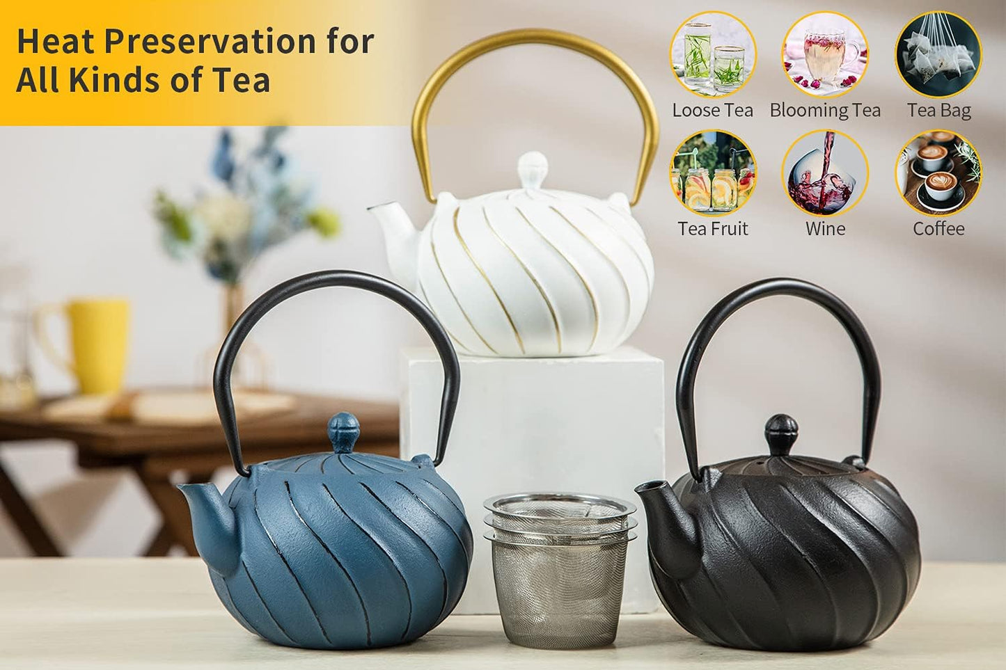 Tea Kettle, TOPTIER Japanese Cast Iron Teapot with Infuser, Cast Iron Tea Kettle Stovetop Safe, Wave Design Teapot Coated with Enameled Interior for 30 Ounce (900 ml), Midnight Black