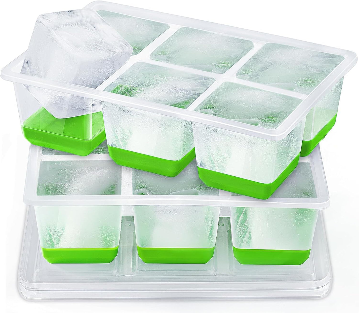 Ice Cube Trays 2 Pack, JRISBO Large Silicone Ice Cube Molds with Leak-Proof Lid, Transparent TPE Frame & Easy Release Bottom, Stackable Freezer Ice Trays for Whiskey, Cocktails, Soup, BPA Free