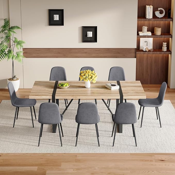 86.6" Dining Table Set for 8, Modern 9 Piece Wood Kitchen Table and Chairs Set, Rectangle Dining Room Table with 8 Linen Fabric Upholstered Chairs, Ideal for Home, Kitchen, or Apartment Dining