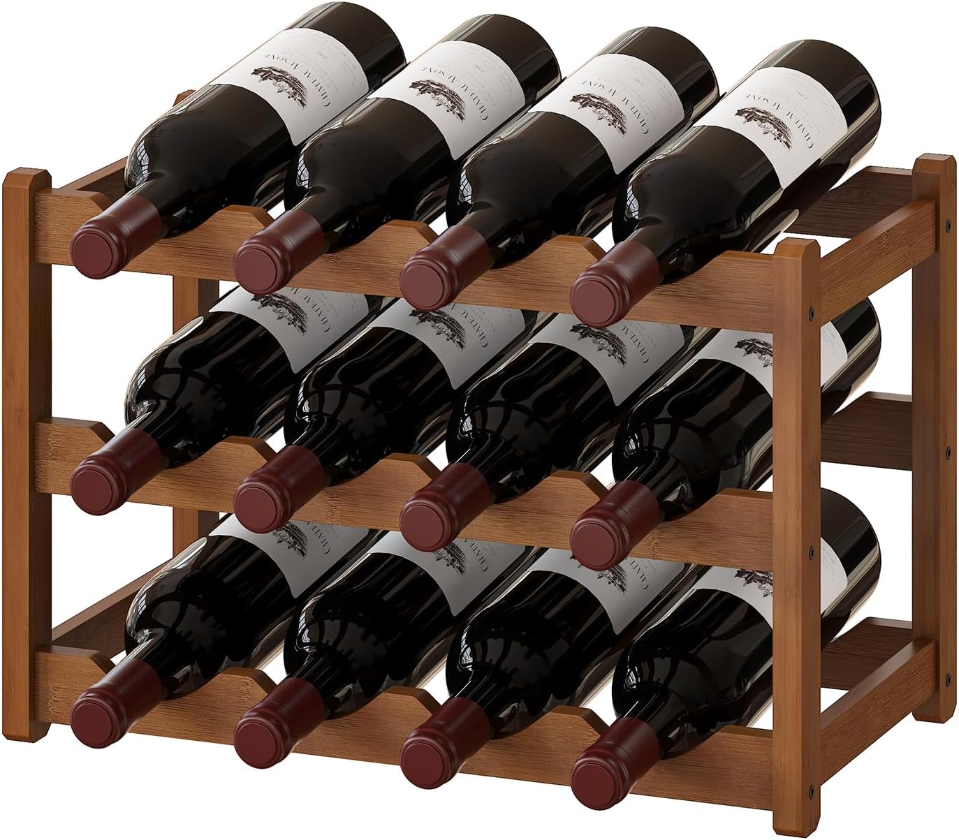 BMOSU Bamboo Wine Rack Wine Storage Cabinet Shelf 12 Bottle Wine Racks Countertop Sturdy for Kitchen Dining Room Pantry - 3 Tiers Wine Rack(Brown)