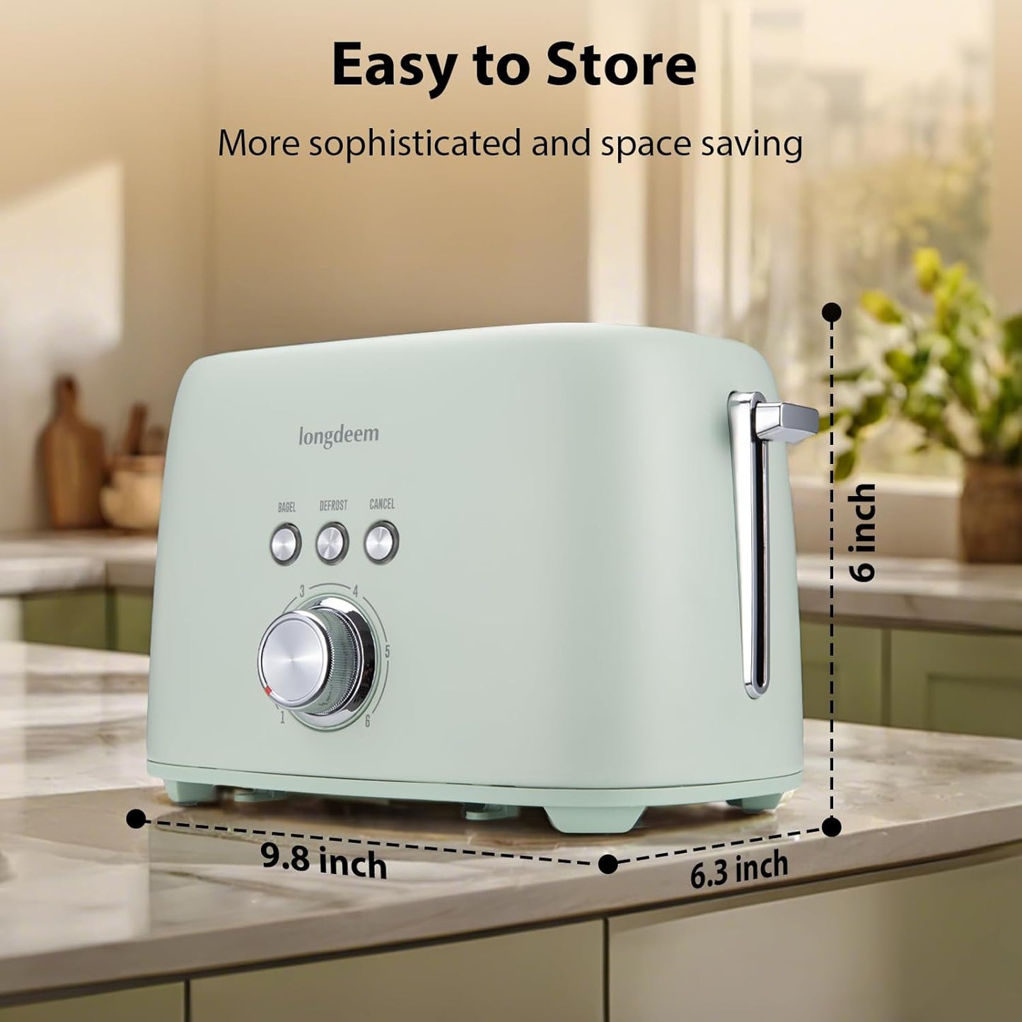 2-Slice Toaster 1.5" Extra Wide Slot Stainless Steel with High Lift Lever, 6 Presets & Bagel/Defrost/Cancel Function, Removal Crumb Tray, Under Base Cord Storage, Green