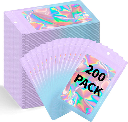 200 Pack Resealable Mylar Holographic Bags Food Storage Smell Proof Bags with Front Window Foil Packaging Pouch for Candy Sample Jewelry Small Business 2.95×4.72 Inch, Pink Fade Blue