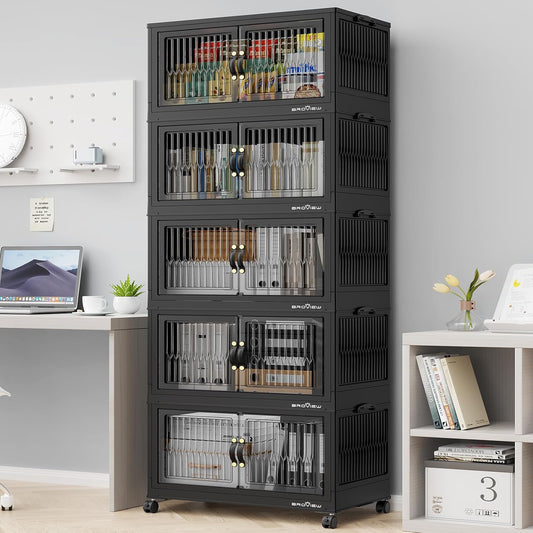 300Qt Stackable Storage Bins with Lid, Extra Large Closet Organizer Collapsible Drawer Boxes with Wheels, Folding Plastic Cabinet Containers for Home Kitchen Room Organization, 5Pack Black