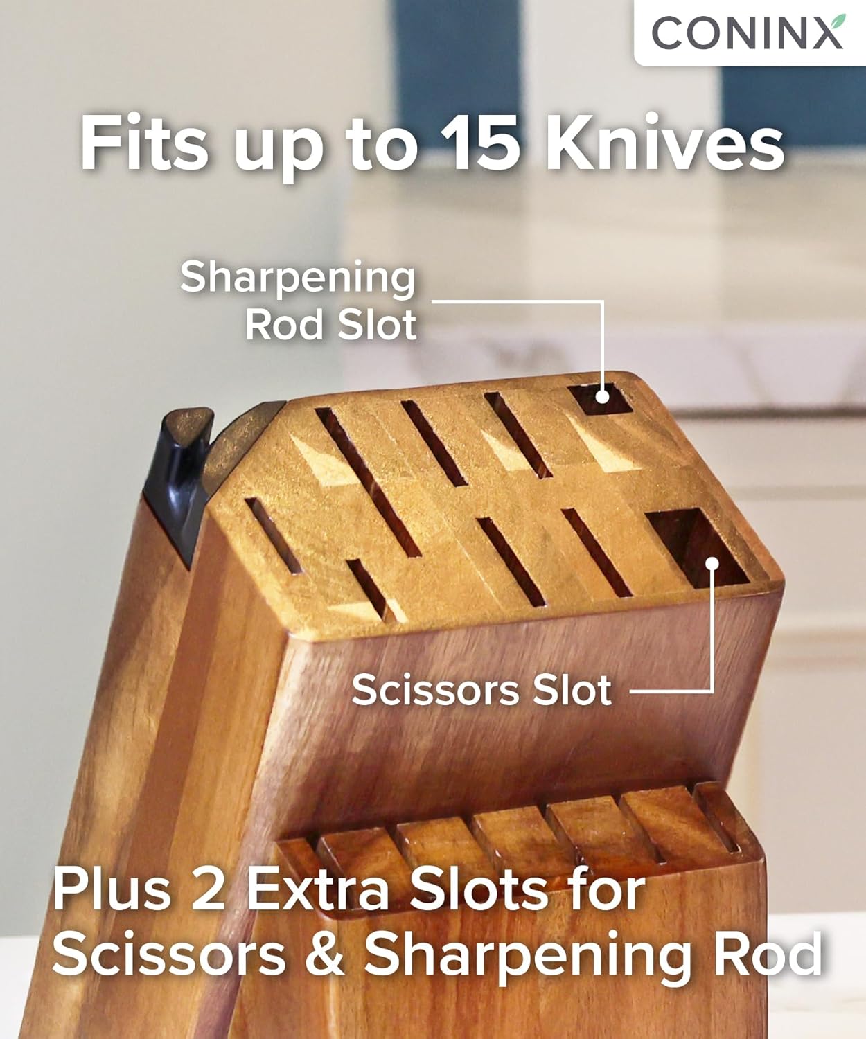 Coninx Universal Knife Block with Built-In Sharpener – 15-Slot Acacia Wood Knife Organizer Stand for Kitchen Counter – Non-Slip Holder Fits Chef, Bread, Steak Knives & Scissors