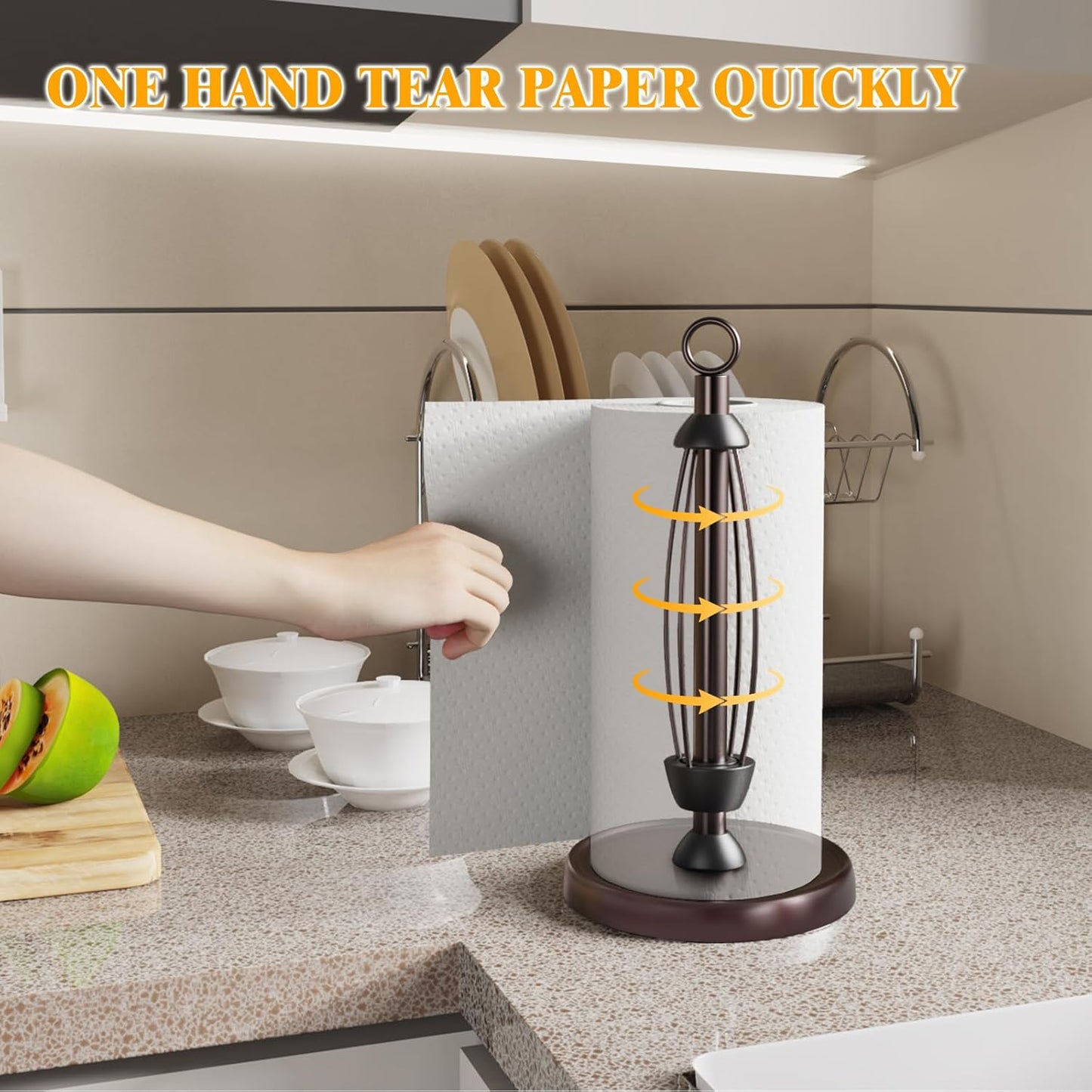 Oil Rubbed Bronze Paper Towel Holder Countertop, Bronze Kitchen Accessories Decor, Stainless Steel, Weighted Base, One Hand Tear Paper Towel Stand with Ratchet System for Kitchen Farmhouse Essentials