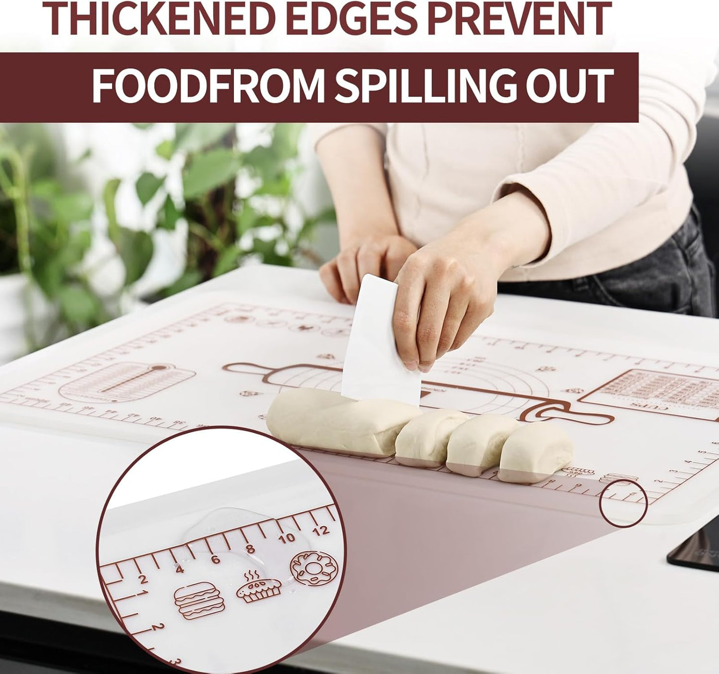 Silicone Baking Mat, Extra Thick Dough Rolling Pad with Measurements and Edge Heightening, Non-stick Food Grade Silicone Pastry Mat for Pastry, Bread, Cookies (Transparent, 16"L x 24"W)