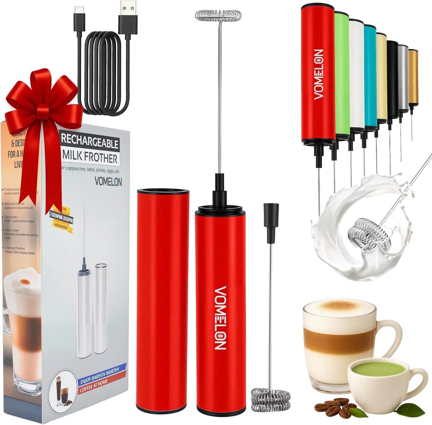 Milk Frother, Rechargeable Battery Operated Frother for Coffee,Portable Drink Mixer with 2 Stainless Steel Whisk Heads,Milk Foamer for Keto Coffee, Latte, Cappuccino, Hot Chocolate,Rube Red