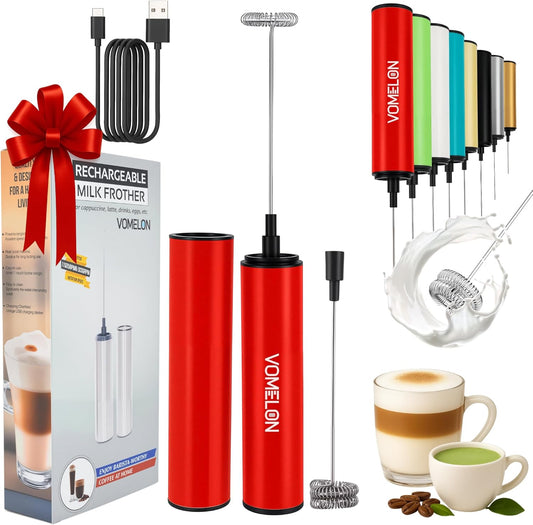 Milk Frother, Rechargeable Battery Operated Frother for Coffee,Portable Drink Mixer with 2 Stainless Steel Whisk Heads,Milk Foamer for Keto Coffee, Latte, Cappuccino, Hot Chocolate,Rube Red