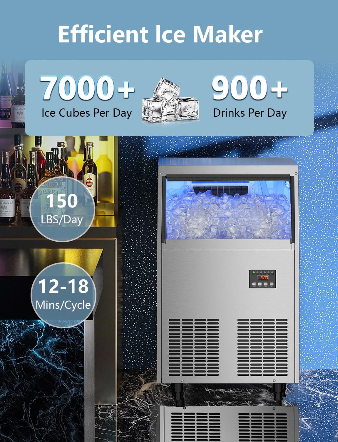 Commercial Ice Maker Machine, 150LBS/24H Under Counter Ice Maker with 35LBS Ice Storage,Stainless Steel Freestanding Ice Maker for Restaurant, Home, Bar, Office, Party, Outdoor Activities