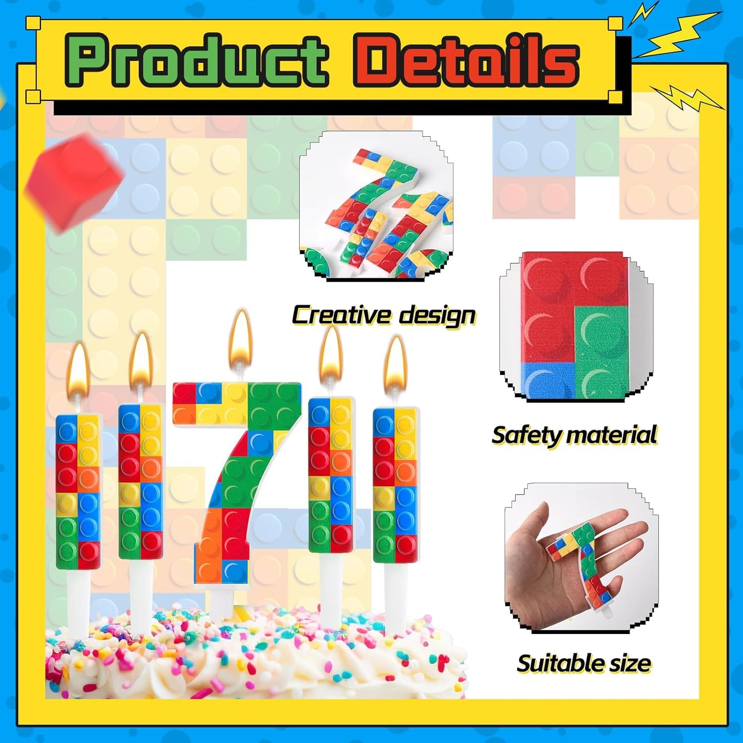 7 Pcs Building Block Themed Birthday Candles Set Building Blocks Number 7 Candle Cake Topper for Building Block Party Decoration Supplies (Number 7)