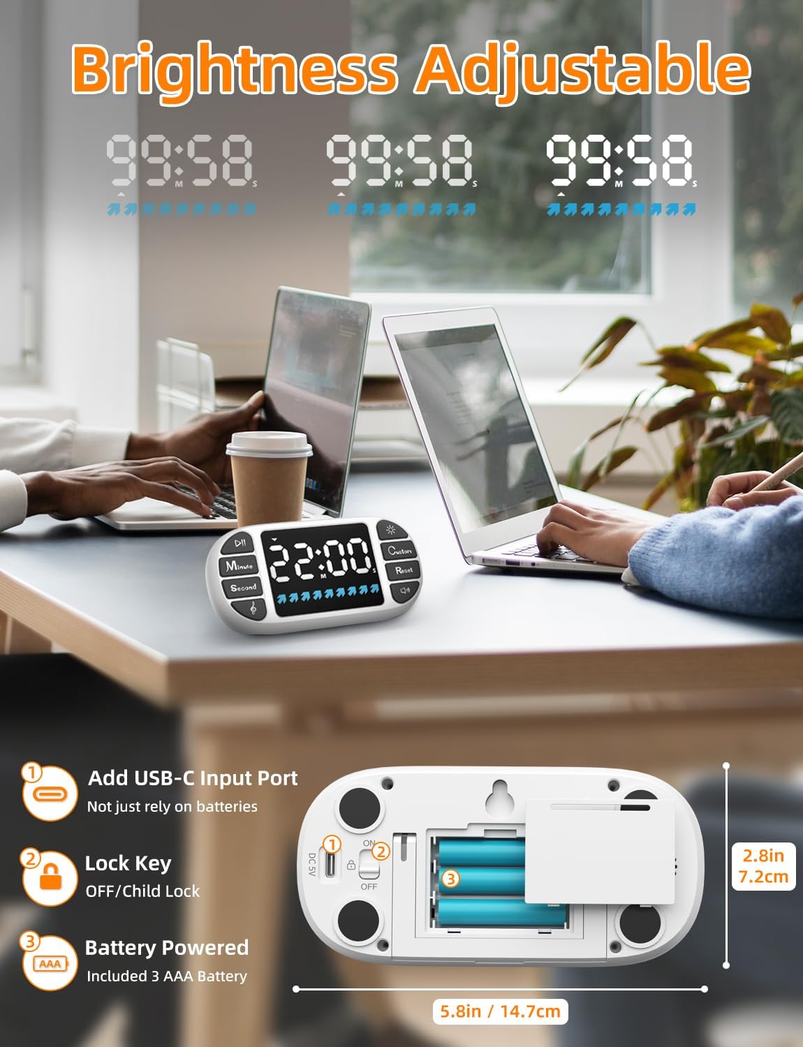 DOOMAY Digital Kitchen Visual Timer: 3.6'' Large LED Display, Magnetic, 3 Brightness, 4 Alarms and Volume, Memory Function, Countdown Count up for Cooking, Classroom, Home Gym, AAA Battery Included