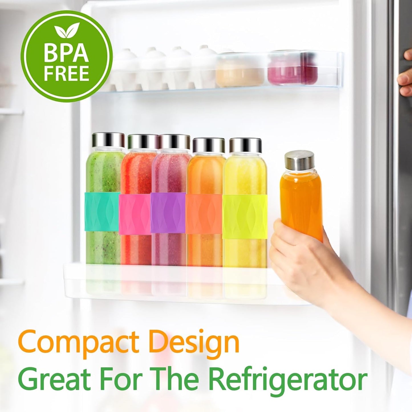 Zukro Glass Water Bottles with Lids 18 oz, Reusable Clear Juice Bottles Stainless Steel Airtight Cap for Juicing, 100% Leak Proof Juice Drinking Jar With Sleeve for Refrigerator, BPA Free, Set of 6