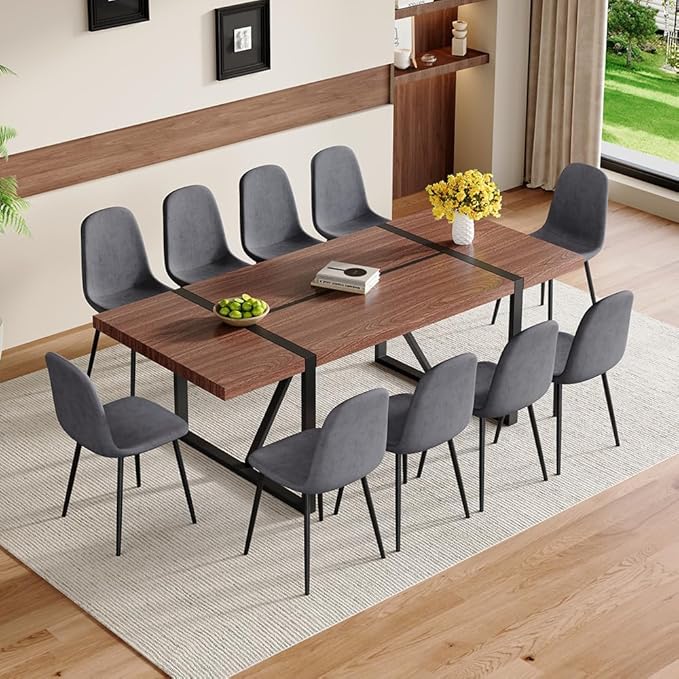 86.6" Dining Table Set for 10, Modern 11 Piece Wood Kitchen Table and Chairs Set, Large Rectangle Dining Table with 10 Linen Fabric Upholstered Chairs, Perfect for Family Gatherings and Dining Room