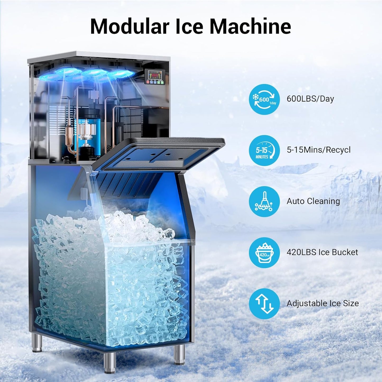 600LBS/24H Commercial Ice Machine Maker, 420LBS Capacity Large Industrial Ice Maker, Clear Ice Cubes Ready in 5-15min, Micron Water Purification Filter 99% impurities, for Cafe, Bar