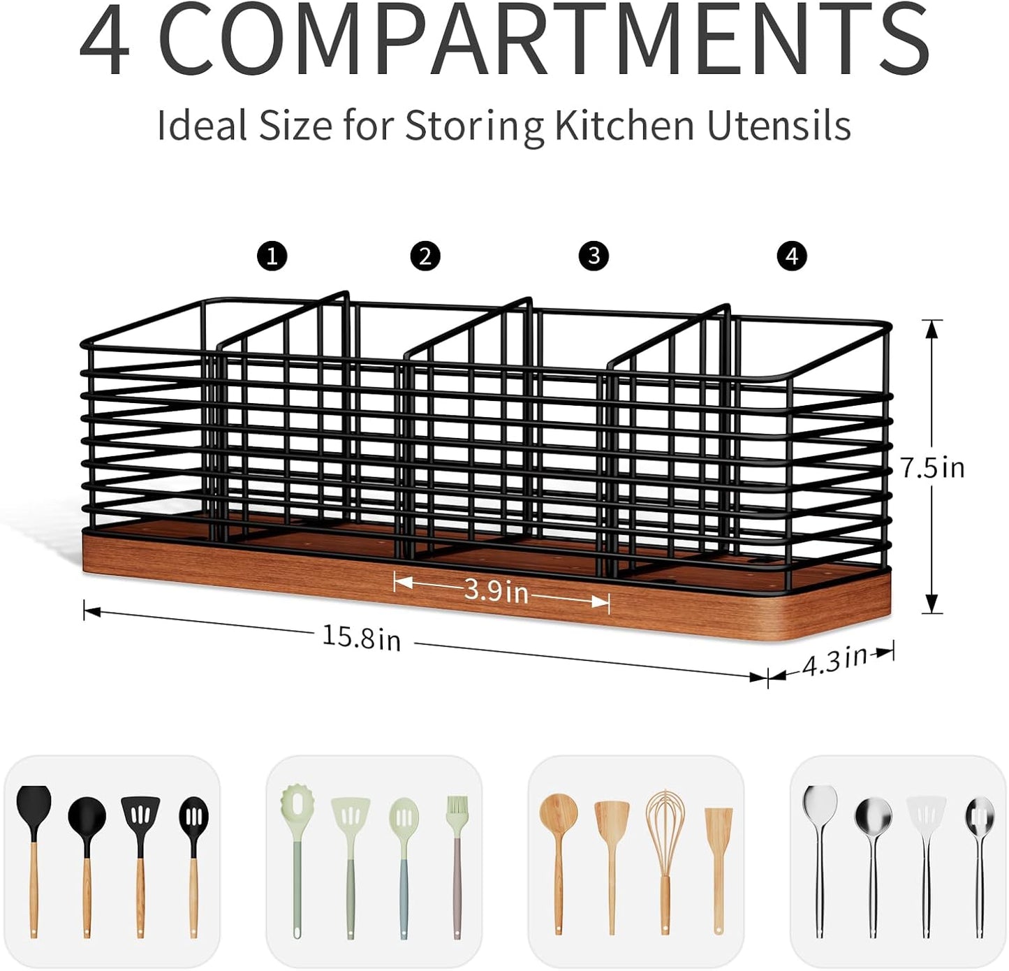 Large Utensil Holder for Kitchen Counter with 4 Compartments, Matte Black Metal Holder with Wooden Base Cooking Utensil Organizer for Spatula Utensil Crock Caddy