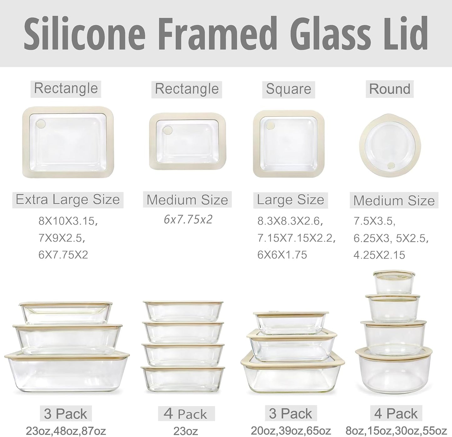 Urban Green Glass Food Container Set with Silicone Glass Lid, 3 Pack, Airtight, LeakProof, 100% Plastic Free, Meal Prep Containers (White Color)