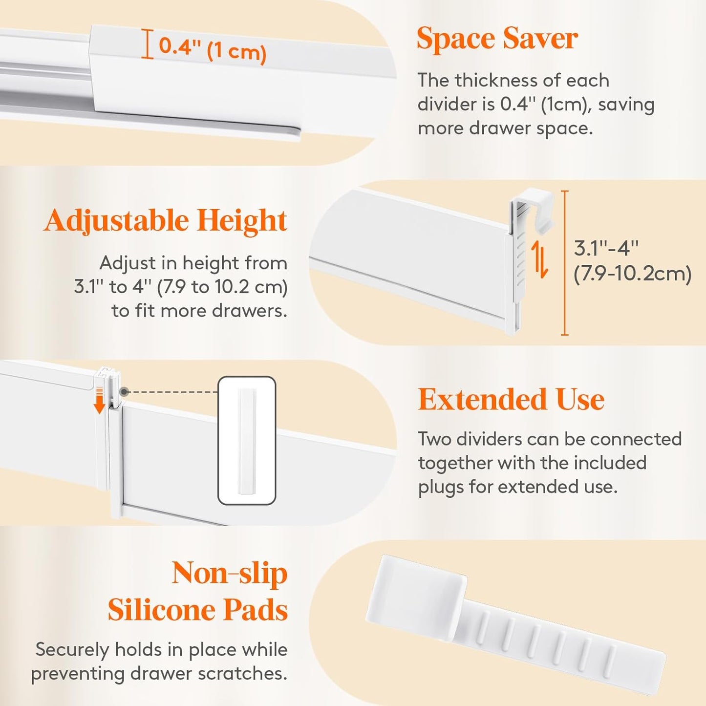 Lifewit Hanging Kitchen Drawer Dividers 3.1" High, 10-17" Adjustable Drawer Organizers for Utensils, Expandable Dresser Separators in Kitchen/Bedroom/Bathroom/Vanity/Office, White(8 Pack)