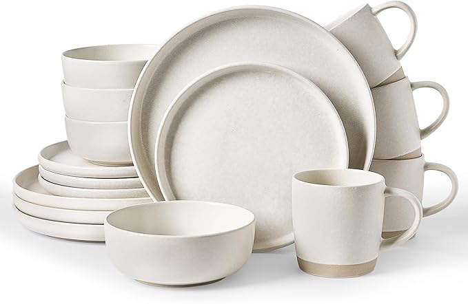 Famiware Milkyway Stoneware Dinnerware Sets with Mugs, Service for 4 (16 Pieces), Reactive Glaze Plates and Bowls Sets, Microwave and Dishwasher Safe Dishes Set, Matte Beige White