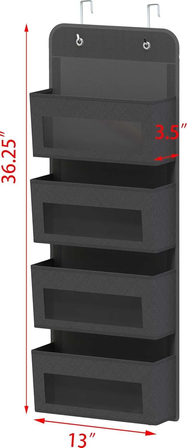Simple Houseware 4 Clear Window Pocket Over Closet Door Storage Hanging Organizer for Bedroom, Bathroom, Pantry, Dark Grey