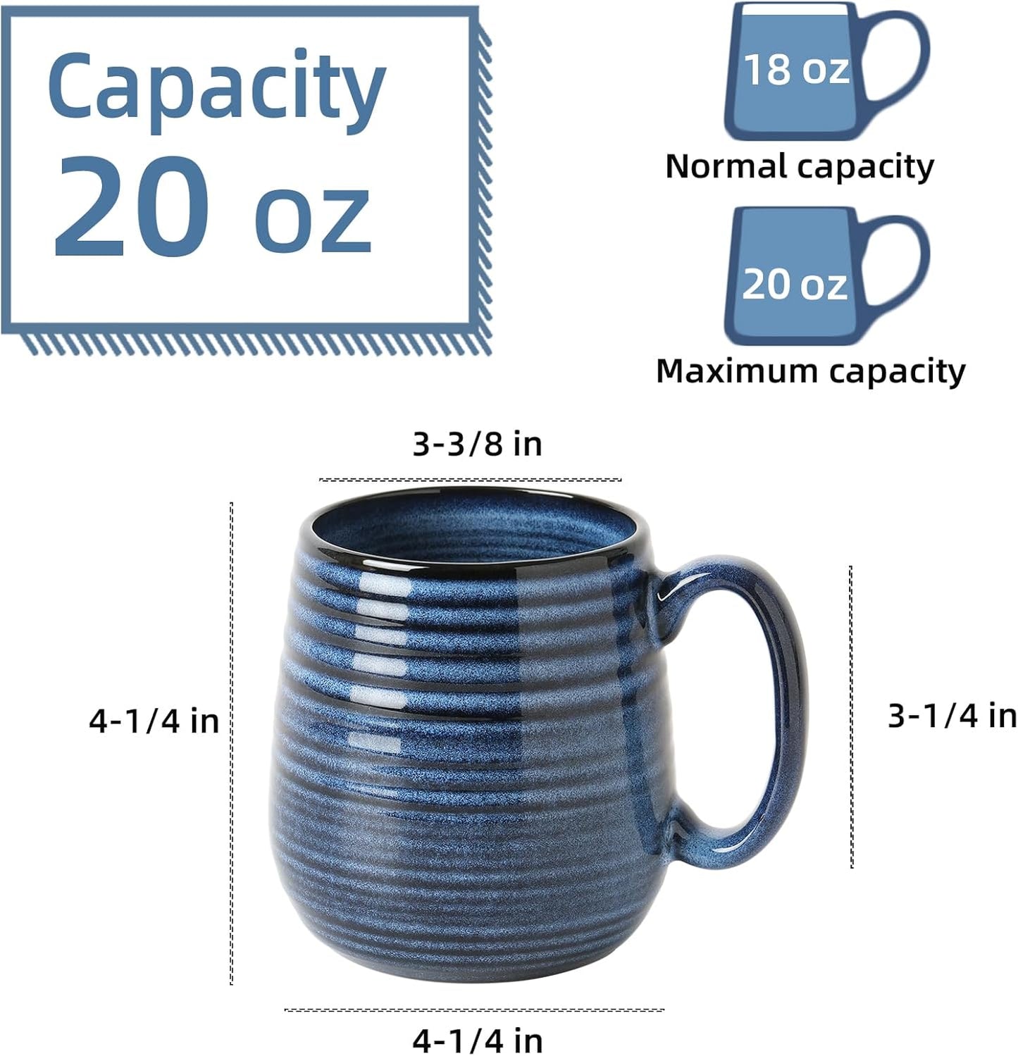 20 oz Large Ceramic Coffee Mugs set of 2, Coffee Mugs for Women and Men, Big Tea Cups, Large Handle Mug for Office and Home, Microwave and Diahwasher Safe (Blue with Stripes, 2PCS)